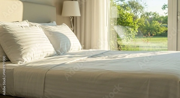 Fototapeta Bright bedroom interior with soft pillows and natural light from a window view