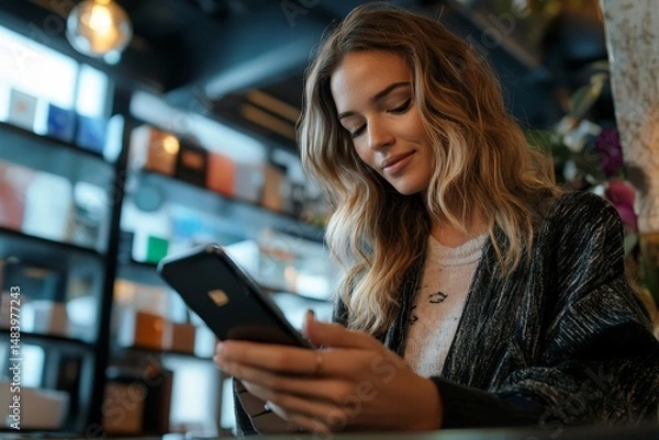 Fototapeta Woman with wavy hair using smartphone in a cafe with shelves of items in the background indoors