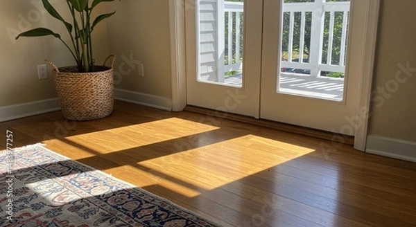 Fototapeta Bright sunlight streams through a doorway onto a wooden floor with a plant and rug