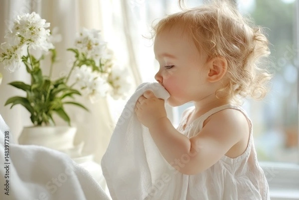 Fototapeta A toddler with curly hair snuggling a white towel next to white flowers in a bright room setting