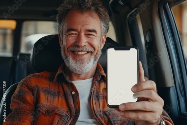 Fototapeta Smiling man in orange plaid shirt holding up smartphone with blank screen inside of vehicle cabin