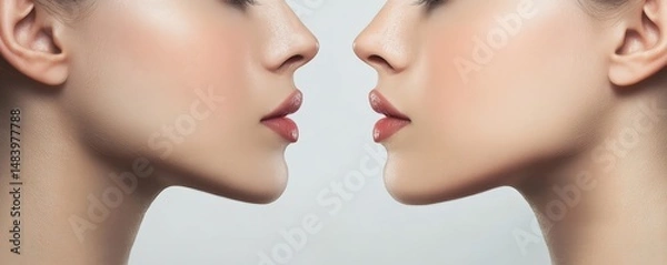 Fototapeta Close up of two faces facing each other showcasing lips noses and skin with a clean background