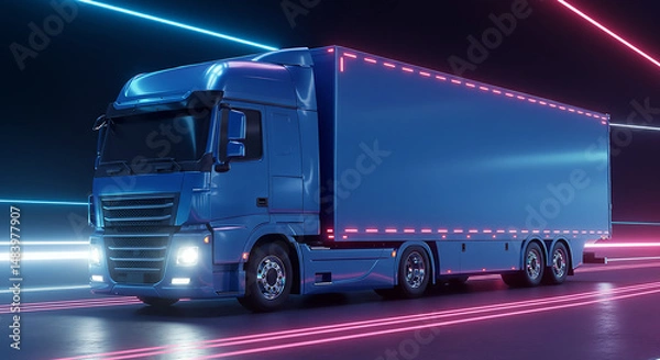 Obraz A blue semi truck driving on a road with neon lights in a dark and futuristic looking environment