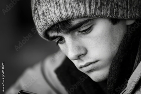 Fototapeta Monochrome portrait of a young man wearing a beanie looking down with a thoughtful expression on his face
