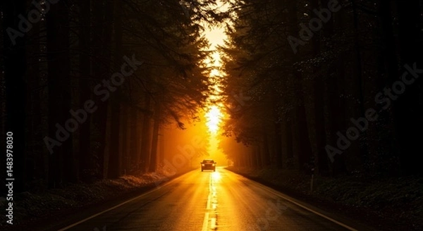 Fototapeta Car driving on a scenic road through a dark forest with bright sunlight shining through