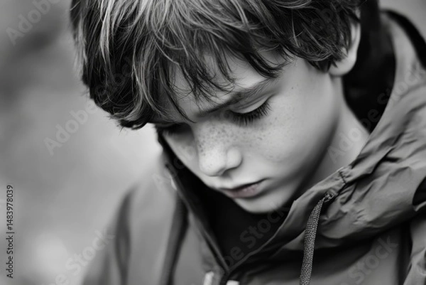 Fototapeta Close up black and white portrait of a young boy looking down with a hooded jacket on outdoors