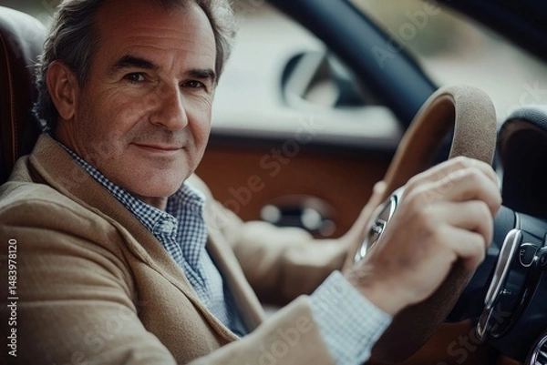 Fototapeta A man driving a car with a tan jacket and a checkered shirt holding the steering wheel smiling slightly