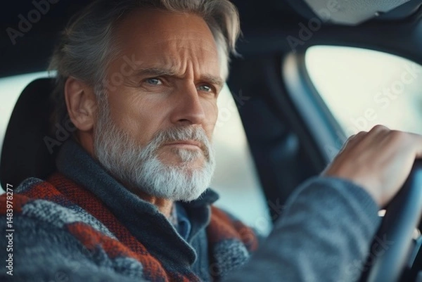 Fototapeta Older man with gray hair and beard driving a car looking focused with hands on the steering wheel