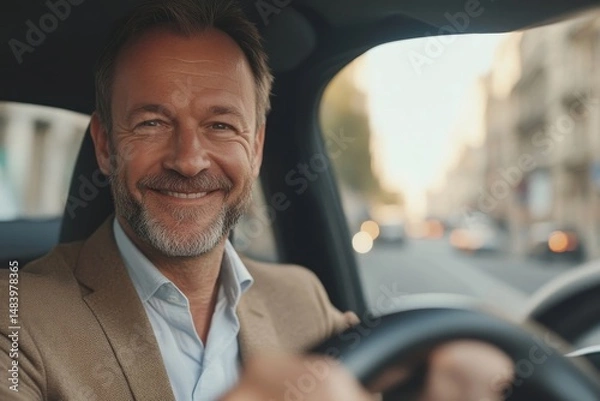 Fototapeta A smiling man with a beard driving a car through a city street during the daytime with buildings visible