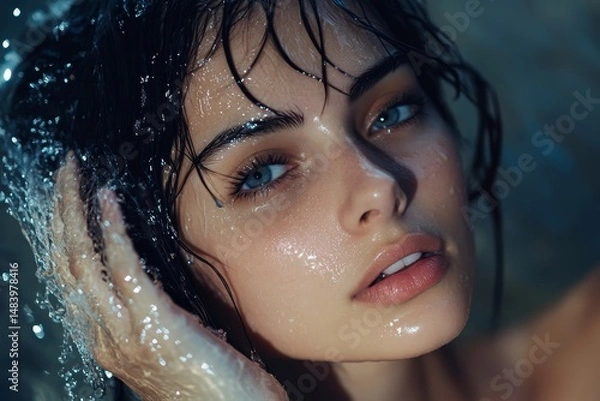 Fototapeta Portrait of a woman with wet hair and skin in a dark setting with water droplets on her face and hand