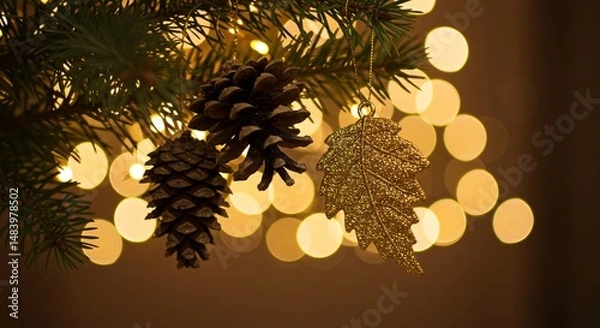Fototapeta Christmas tree branch adorned with pine cones and a golden leaf ornament