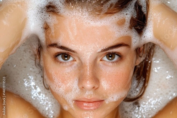 Fototapeta Close up of a woman's face covered in white soapy bubbles during a bath or shower routine