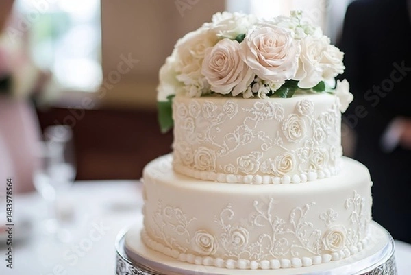 Fototapeta A two tiered wedding cake with white frosting and floral decorations on top of the cake tiers