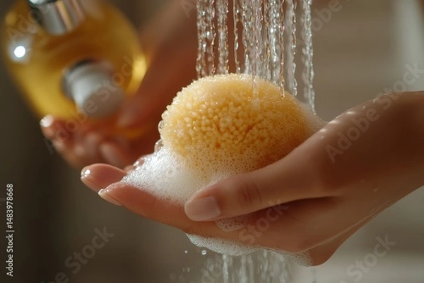 Fototapeta Hands holding a sponge with soap under running water in a bathroom with a bottle of soap nearby