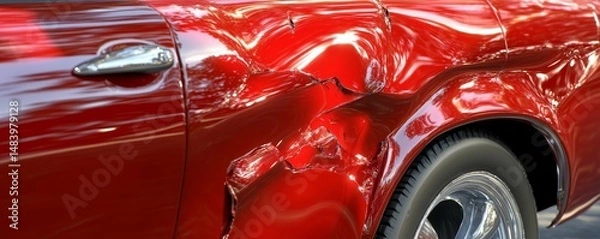 Fototapeta Close up of a damaged red car with a dented fender and visible tire and chrome door handle