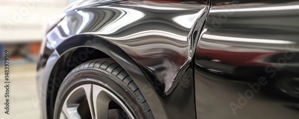 Fototapeta Close up of a shiny black car showing the wheel well tire and body panels with reflections visible