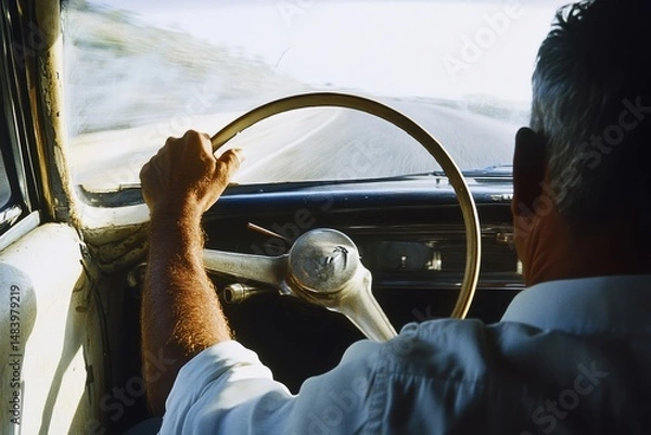 Fototapeta Man driving a vintage car on a road with his hands on the steering wheel during a sunny day journey