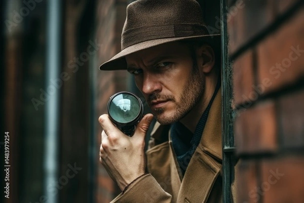 Fototapeta Man in hat and coat looking through magnifying glass near brick wall in an alleyway setting