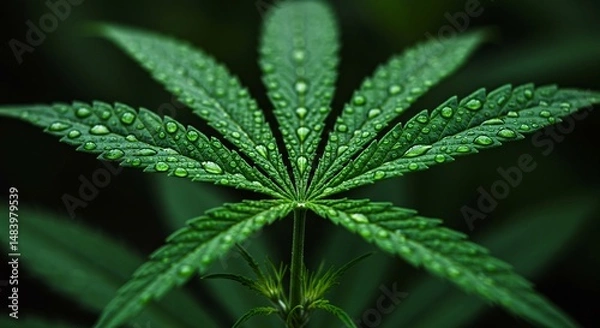 Fototapeta Close up of a cannabis leaf covered with water droplets in a natural setting