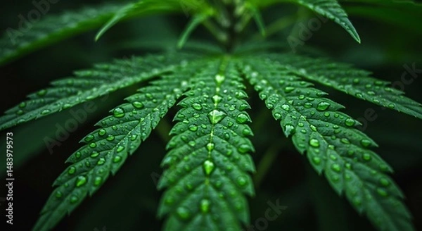 Fototapeta Close up of a fresh cannabis leaf with water droplets glistening in natural light