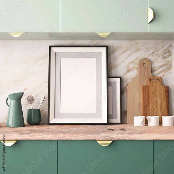 Fototapeta Mock up poster in a frame in the kitchen in a hipster style. 3d rendering.