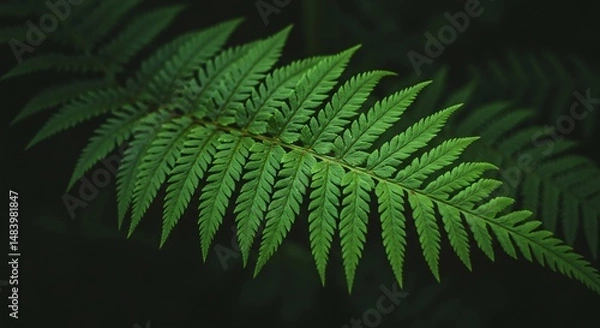 Fototapeta Close-up of vibrant green fern leaf with intricate details against a dark background