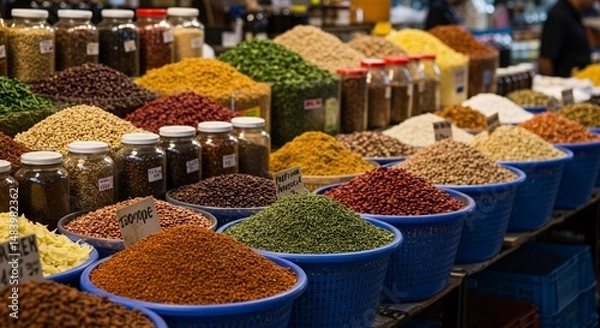 Fototapeta Colorful spice market display with various herbs and grains in baskets and jars