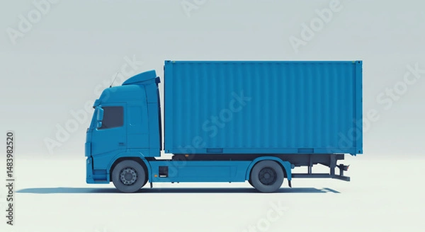 Obraz Side view of a blue semi truck with a shipping container on a white background in a studio shot