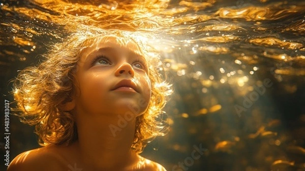 Obraz Child underwater, looking upwards