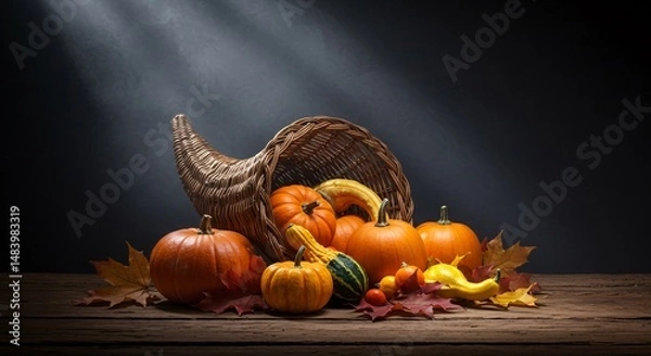 Fototapeta Cornucopia overflowing with autumn harvest vegetables and fall leaves on a wood table