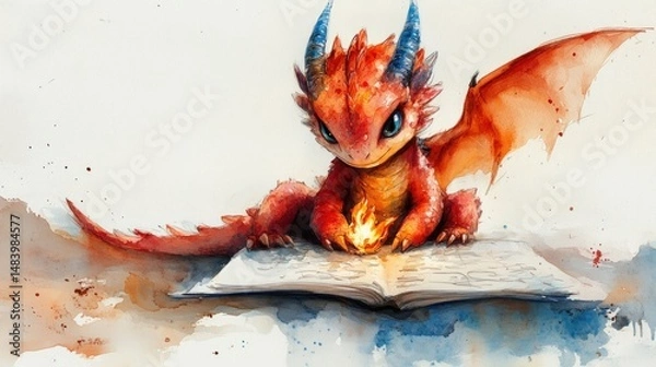 Obraz Adorable dragon studying, small and cute