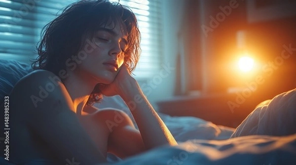 Obraz Woman resting peacefully in bed at night