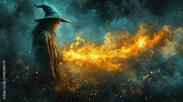 Obraz A sorceress conjures fiery magic