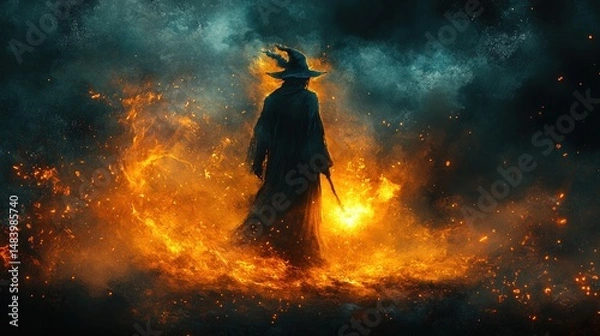 Obraz A dark sorceress stands amidst a fiery landscape