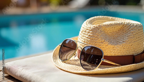 Obraz Straw hat and sunglasses by pool on sunny day
