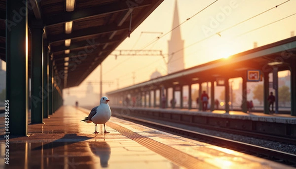 Obraz Seagull on train platform at golden sunset