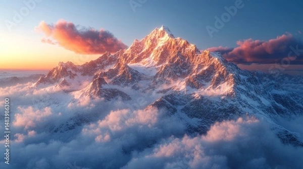 Obraz Majestic mountain peak above clouds at sunset.  Vast snow-capped peak, vibrant colors, swirling clouds
