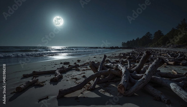Obraz Moonlit beach with driftwood under full moon