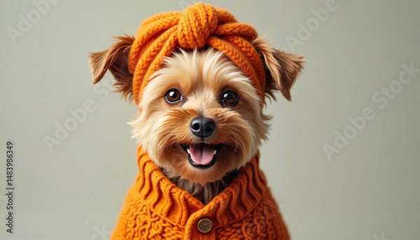 Obraz Cute Yorkshire terrier in orange knit sweater and hat