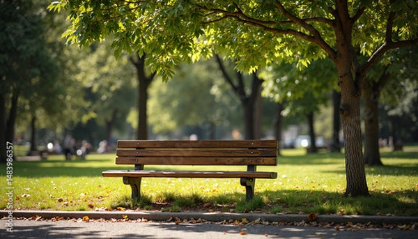 Obraz Wooden bench under green trees in sunny park