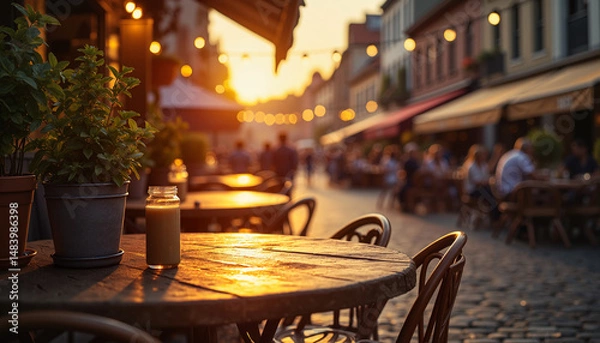 Obraz Cozy European cafe terrace at sunset with string lights