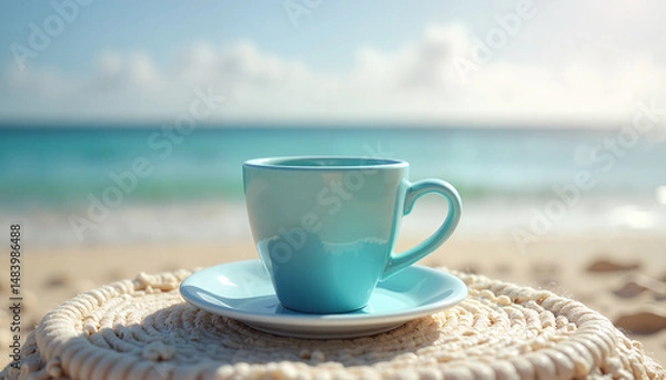 Obraz Blue coffee cup on beach with ocean view