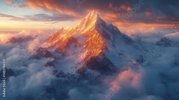 Obraz Majestic mountain peak bathed in golden sunset light, clouds swirling around it