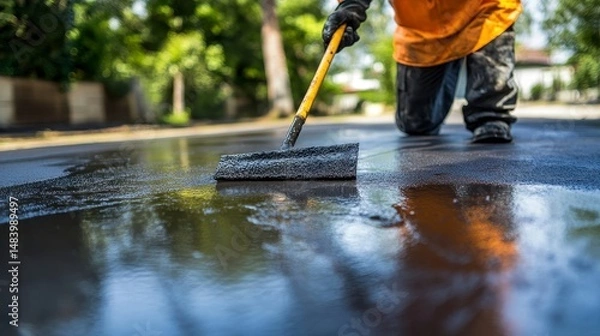 Obraz Worker applying asphalt sealant to a road surface.