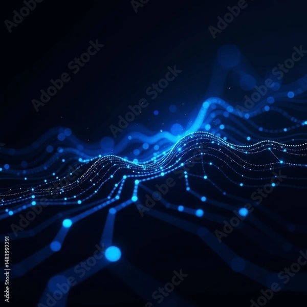 Obraz futuristic digital landscape of glowing neon blue lines and nodes forming dynamic wavy grid on dark background, abstract network visual, artificial intelligence, data transfer, blockchain concept.