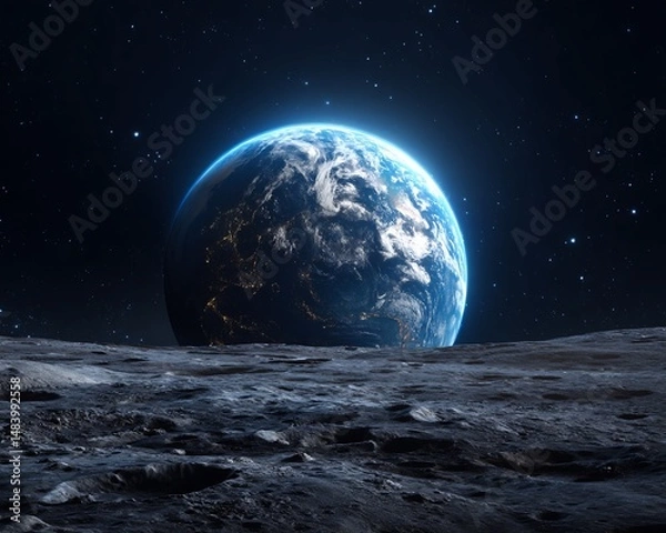Fototapeta Earthrise from Lunar Surface: Digital Rendering