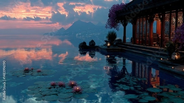 Fototapeta Sunset Serenity Tranquil Water Reflections at a Lakeside Pavilion