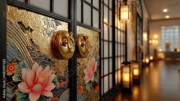 Fototapeta Intricate Golden Door with Lotus Flowers and Traditional Lanterns in a Warmly Lit Corridor