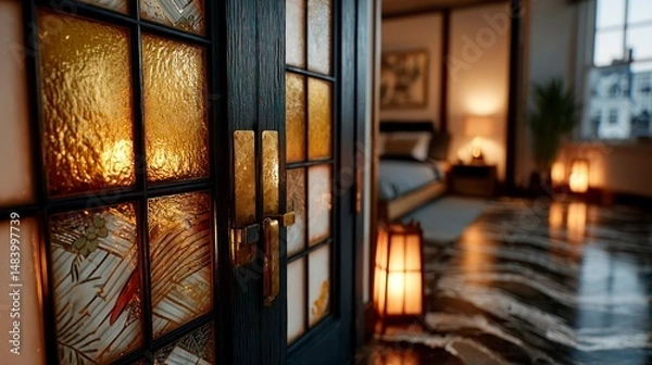 Fototapeta Elegant Interior with Warm Lighting and Decorative Glass Door Ideal for Home Design Inspiratio