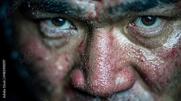 Fototapeta Intense CloseUp of a Sweating Face with Visible Strain and Determination